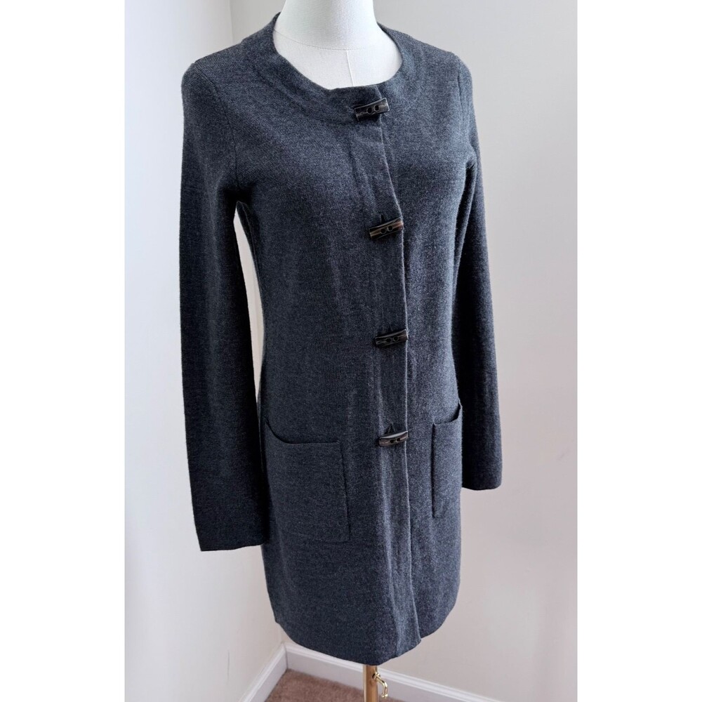 Ellen Tracy Cardigan Sweater Long Merino Wool Blend Gray Button Up Small